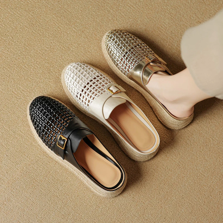 巨好看镂空编织厚底夏日草编坡跟包头半拖鞋女火外穿穆勒鞋推荐