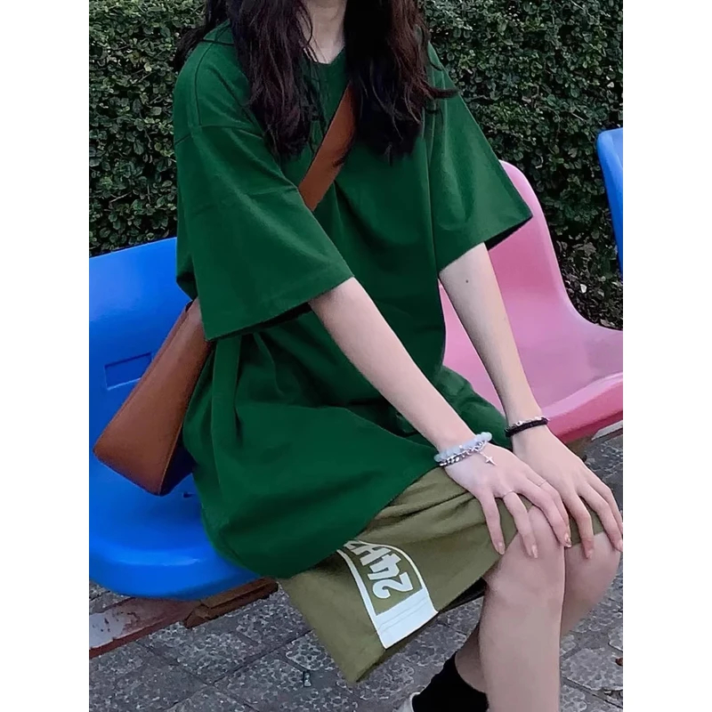 美式复古墨绿色短袖纯棉t恤女2025夏季oversize宽松半袖上衣ins潮