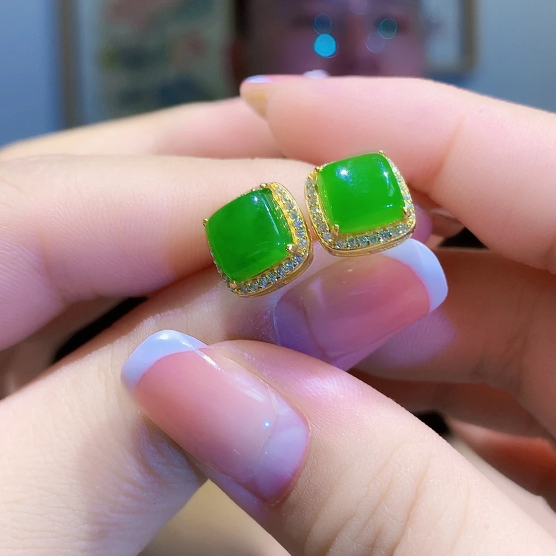 和田玉（碧玉）耳饰银S925镀金镶嵌