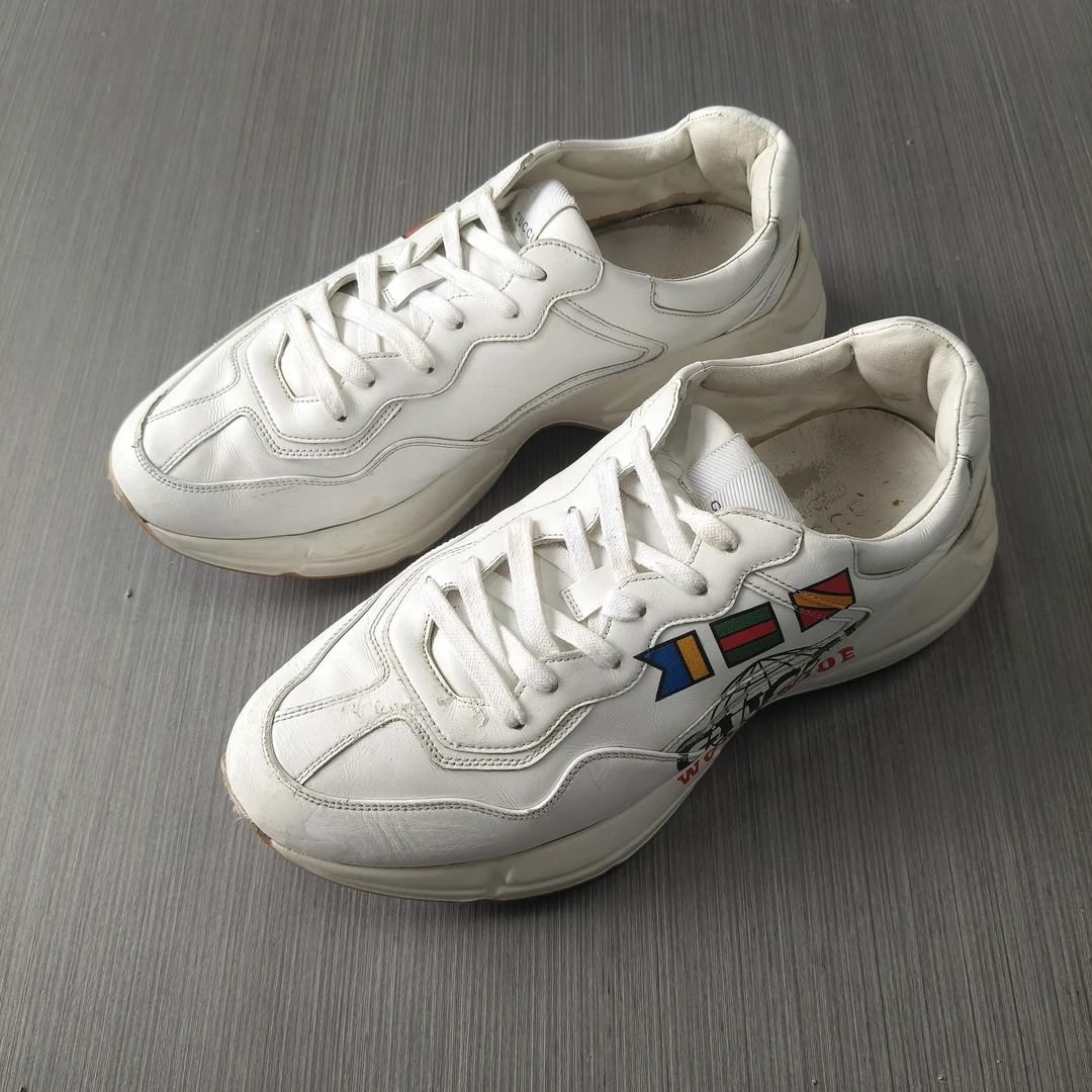 90新 GUCCI/古驰 43码/白色环球字母大logo压印 低帮休闲老爹鞋