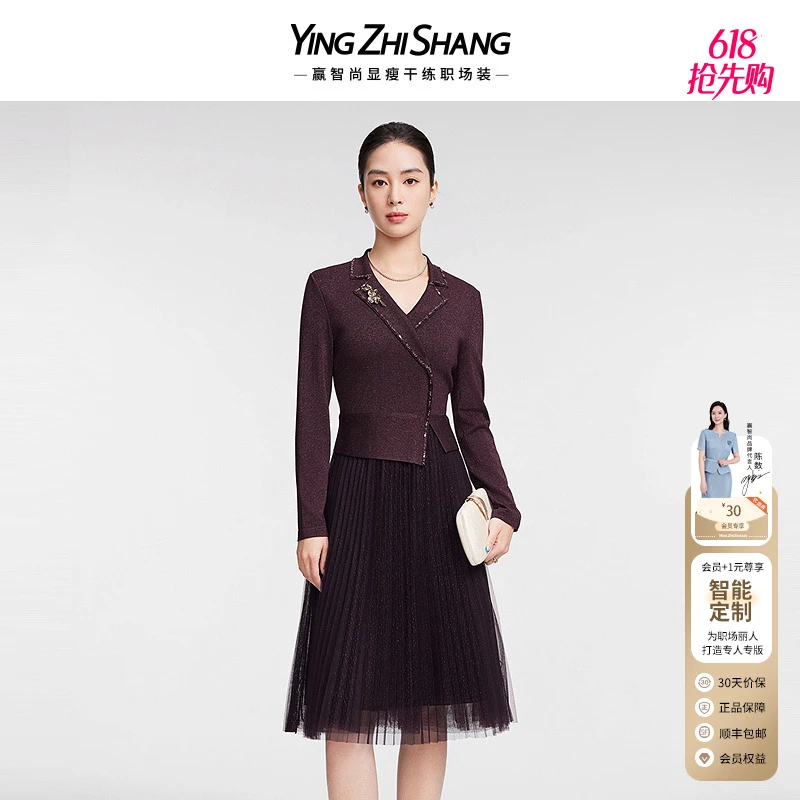 赢智尚2025春季新款美拉德风显瘦气质优雅针织网纱连衣裙ZF03205