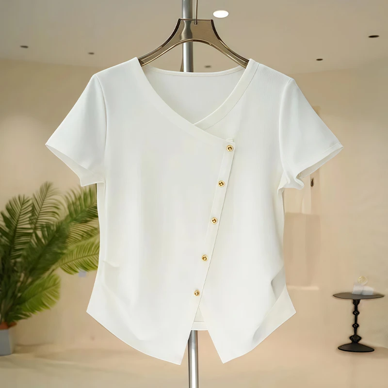 高含棉设计感时尚v领短袖t恤女2025夏季新款韩版时髦修身显瘦上衣
