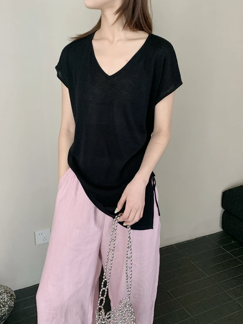 【DUODUO 509999】莱赛尔V领针织T恤夏季新款女宽松慵懒针织衫