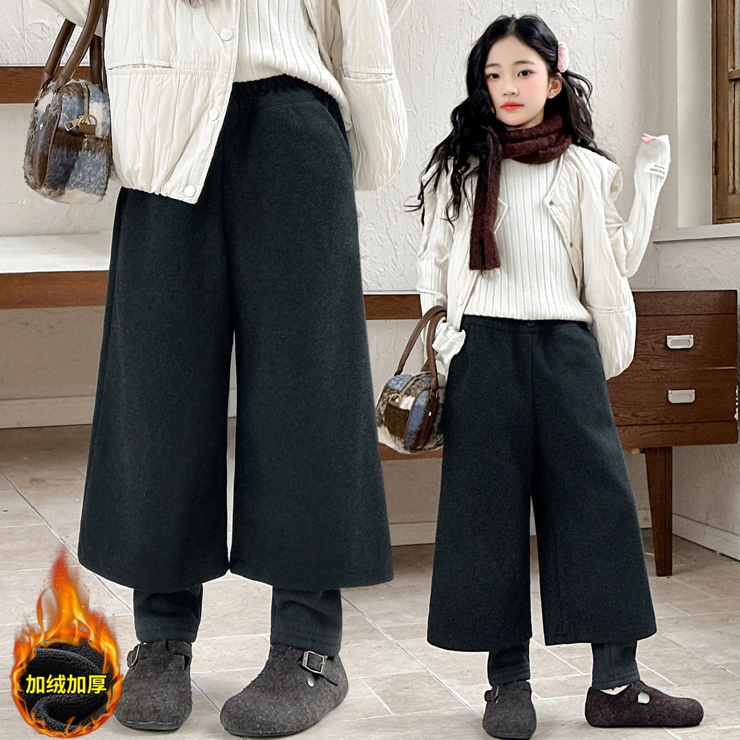 女童裤子休闲裤加绒加厚秋冬装新款中大童洋气假两件打底衫八分裤
