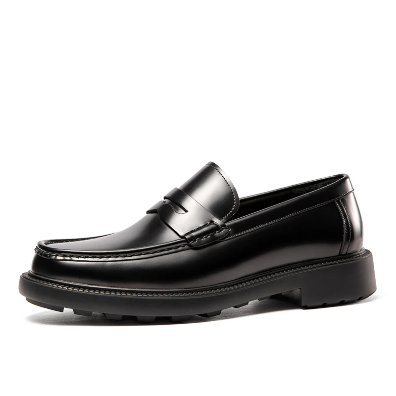 秋季新款休闲皮鞋男圆头英伦真皮厚底增高一脚蹬头层牛皮商务男鞋