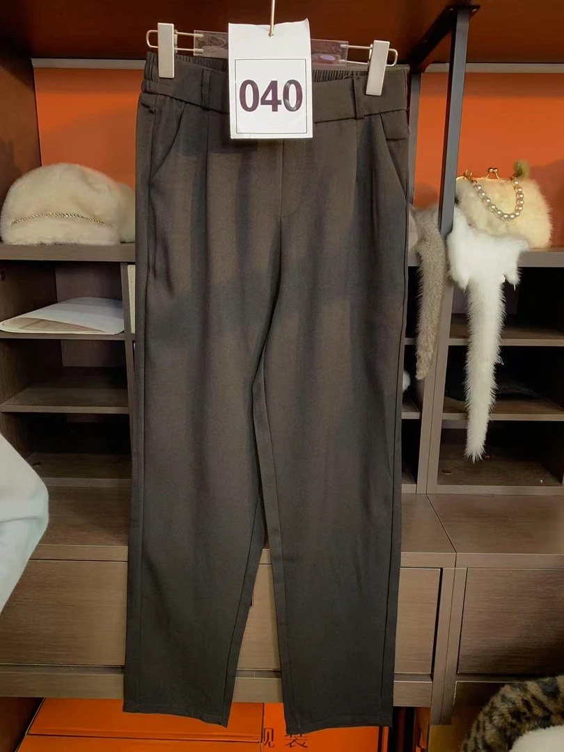 040夏季休闲裤女款气质小脚裤长裤百搭高腰纯色九分拼接哈伦裤