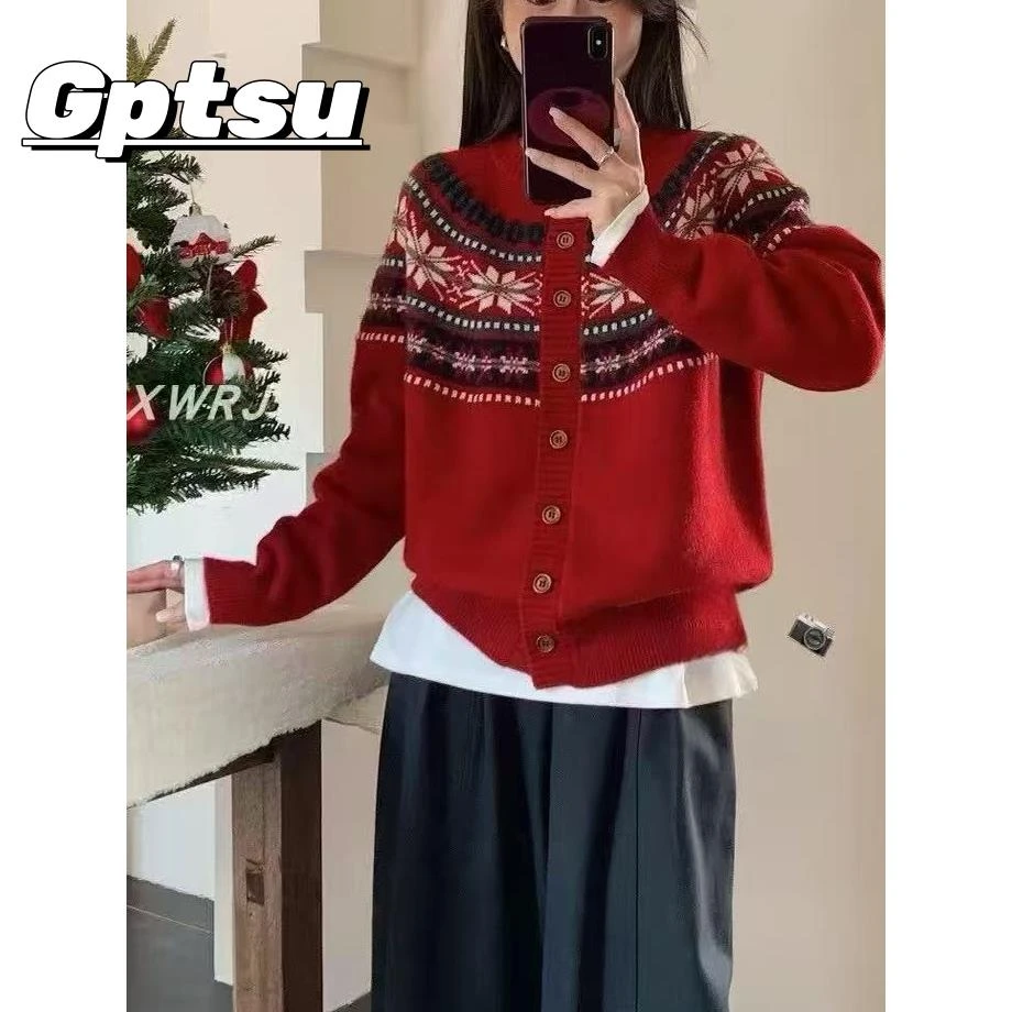 GPTSu秋冬新款圆领拼色提花针织开衫女百搭休闲宽松毛衣女外套潮