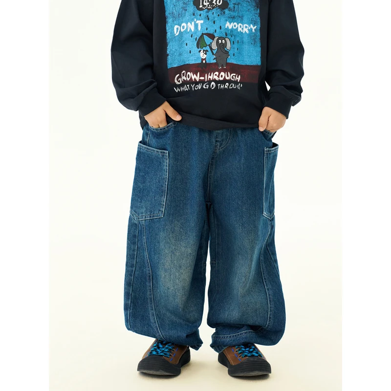 邦仔家童装秋季新款儿童经典两色口袋宽松牛仔裤男童百搭休闲长裤