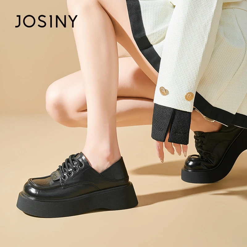 卓诗尼女鞋厚底乐福鞋2025春季新款小个子增高系带时尚百搭小皮鞋