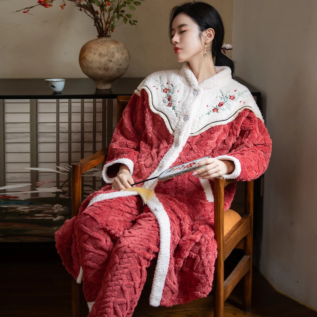 松子壳高级时尚新中式国风睡衣女秋冬季加厚加绒中长款家居服睡袍