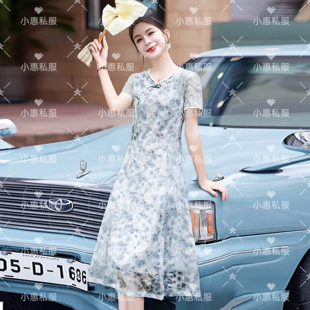 2025夏季新款短袖蕾丝国风旗袍连衣裙女印花收腰显瘦改良旗袍中长