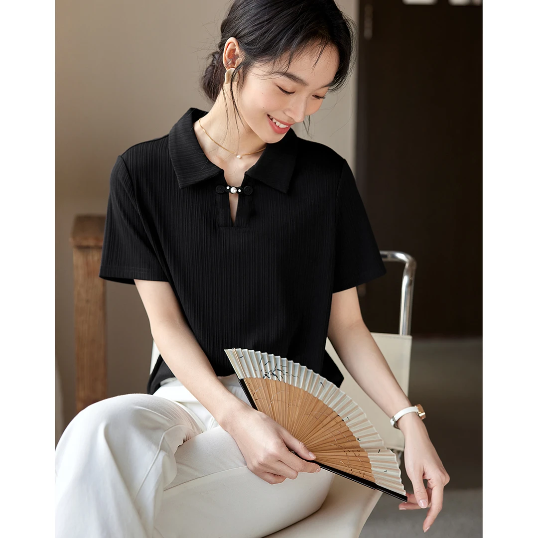 XWI/欣未2025夏新款弹力坑条新中式盘扣装饰百搭显瘦舒适T恤8043