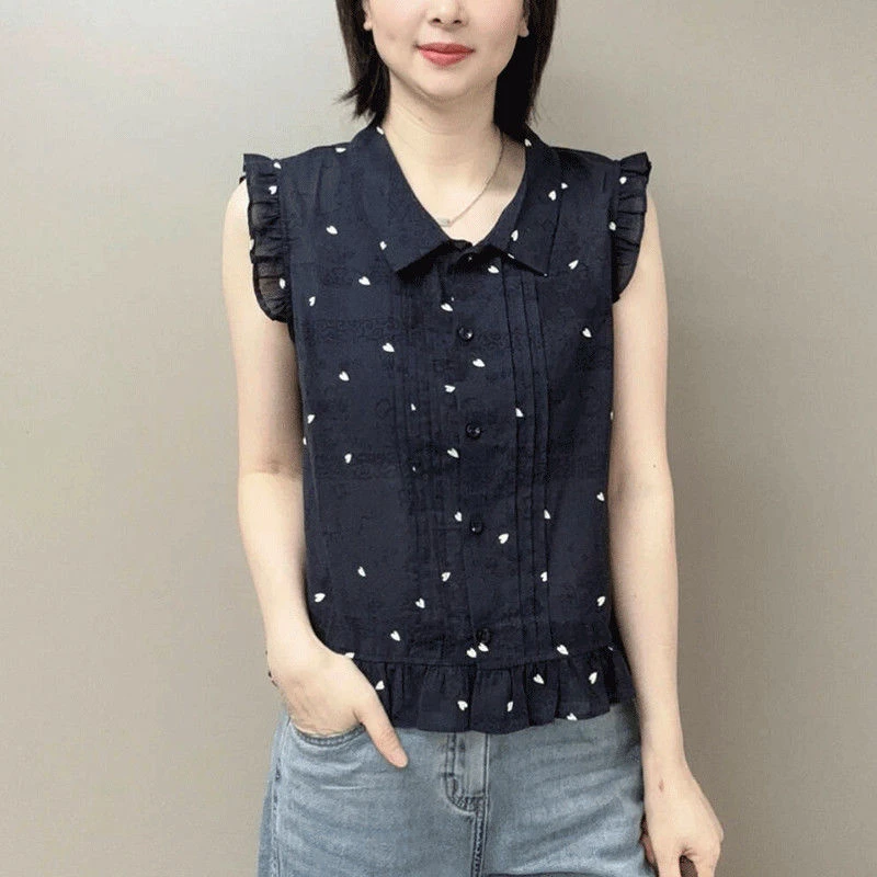 韩系ins风爱心无袖衬衫女夏季新款时尚宽松洋气百搭薄款翻领上衣