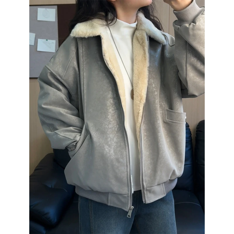 美式蛇纹亮面棉服男款冬季加厚毛领休闲夹克皮衣潮牌cleanfit外套