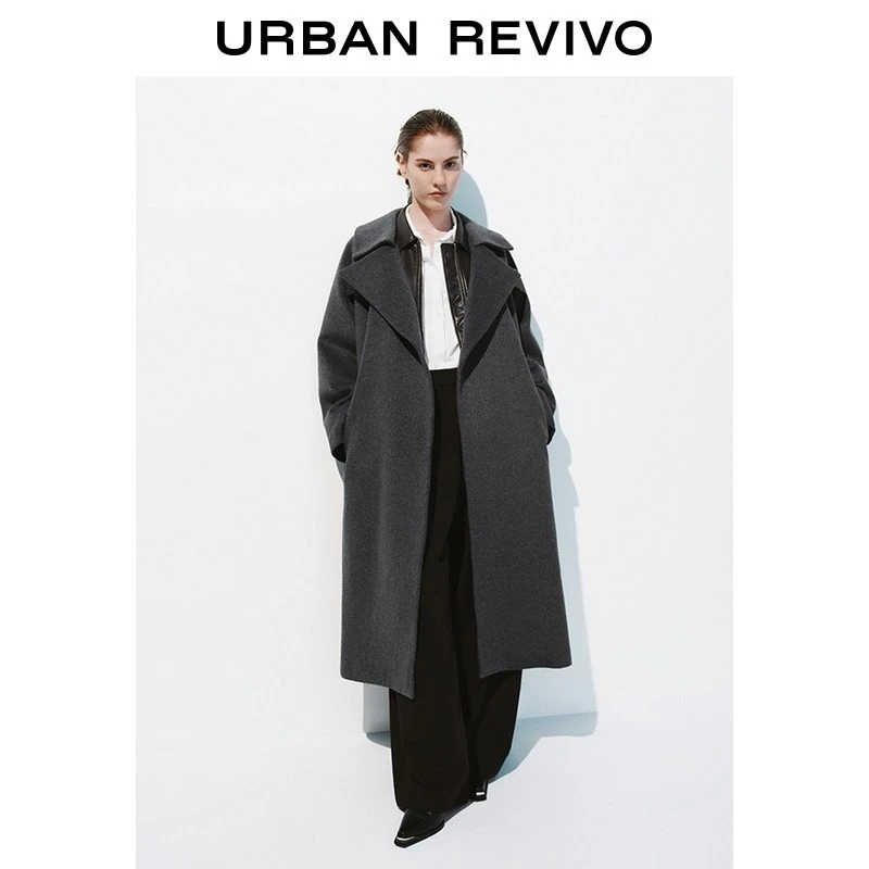 UR2025秋季新款女装腰带长款大衣呢料外套UWG150098+