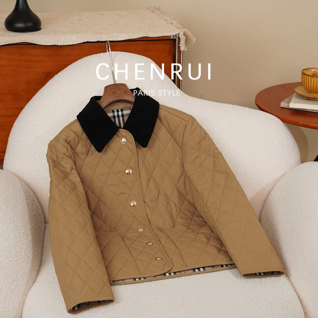 2025新款英伦风街头名媛百搭翻领撞色棉衣菱格外套女3862