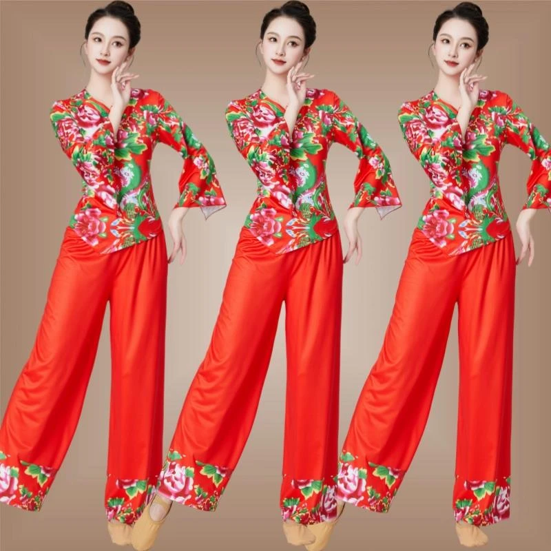 广场舞服装新款喇叭袖上衣秧歌服时尚东北大花布衣服扇子舞演出服