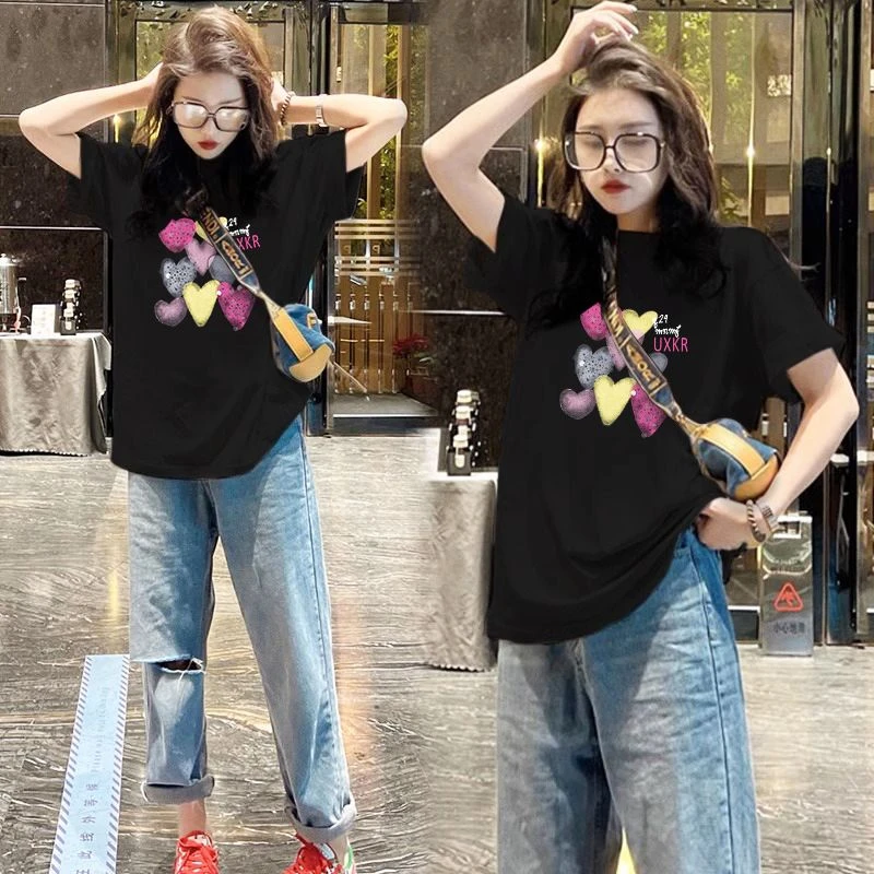 2025新款夏季纯棉短袖爱心印花T恤网红时尚外穿百搭ins休闲宽松