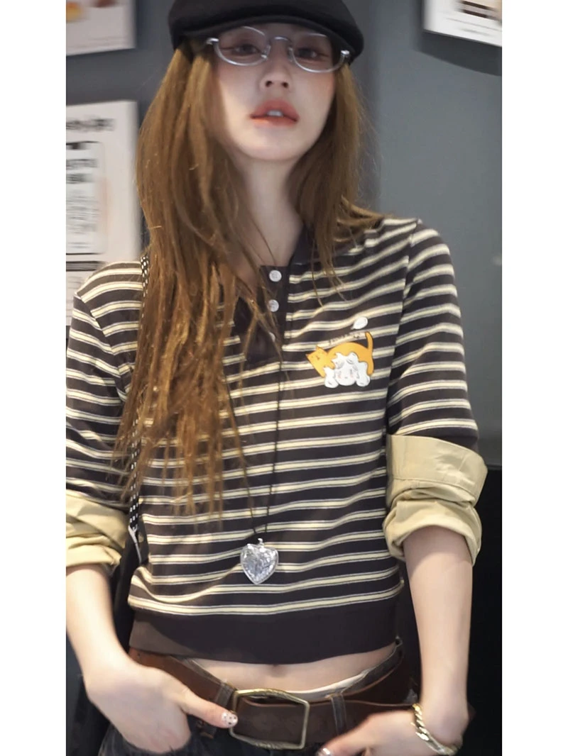 【条纹拼接poloT恤】小众设计卡通趣味印花条纹poloT恤 ZZT25429