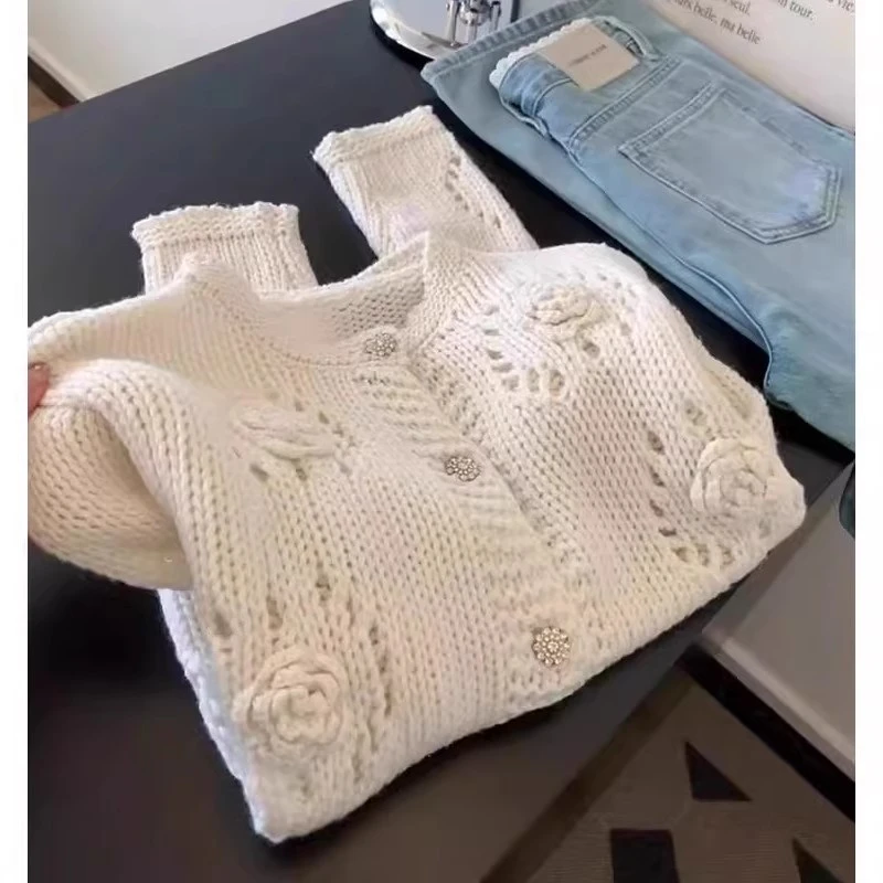 法式温柔风立体花朵毛衣开衫外套女2025春秋新款镂空圆领针织上衣