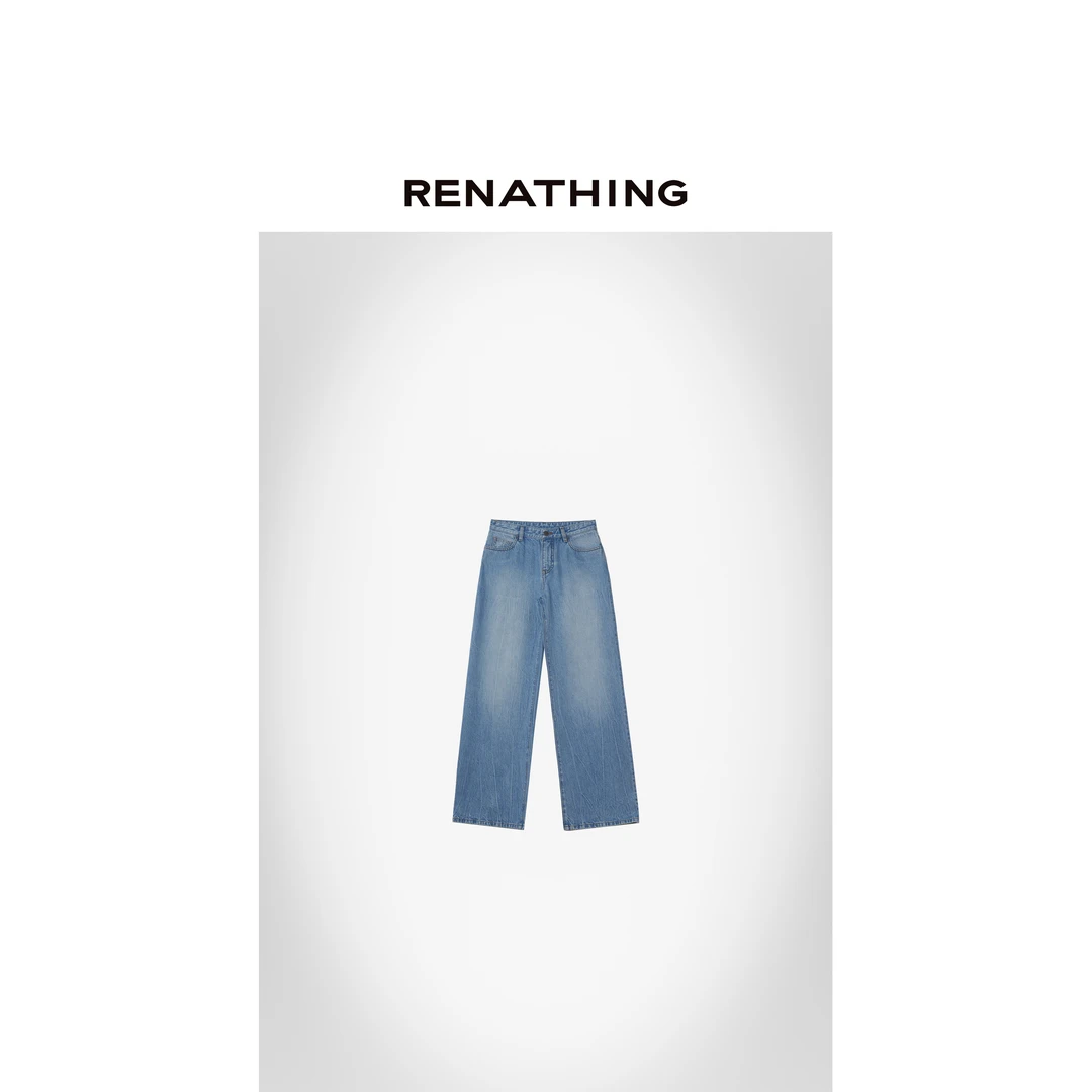 【RENATHING】简约舒适水洗浅蓝牛仔阔腿裤