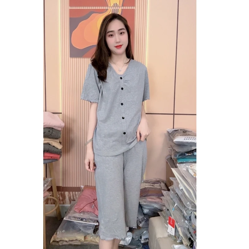 胸垫版睡衣女夏季纯棉短袖七分裤休闲可外穿家居服套装（极简主义）