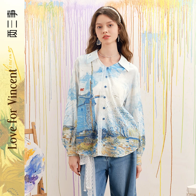 两三事梵高文艺 迷航渐明 2025春季新款油画印花长袖衬衫女宽松