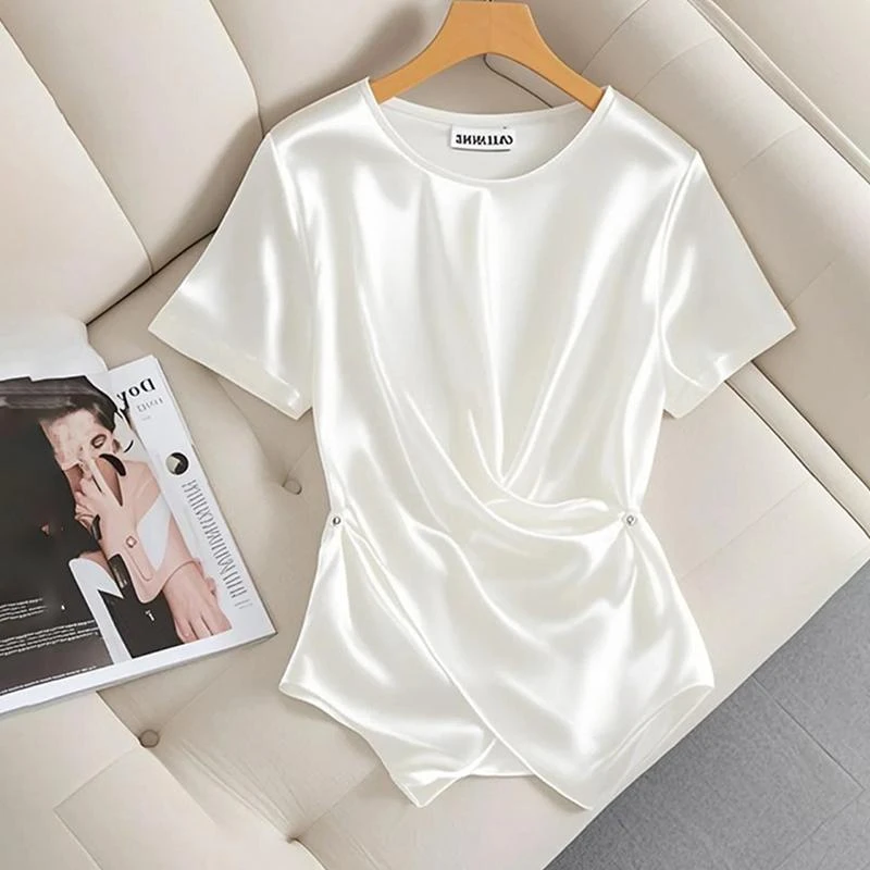法式白色时尚减龄洋气T恤女2025夏季新款超火不规则收腰短袖上衣