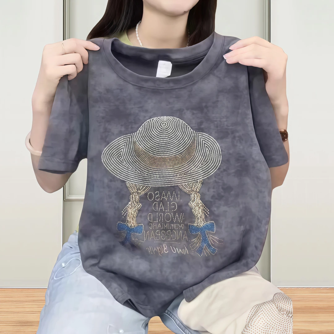 纯棉时尚百搭灰色烫钻设计感洋气衣服女夏季新款晕染圆领短袖上衣