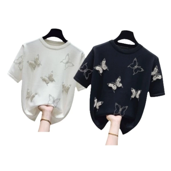 夏季蝴蝶结钉珠烫钻短袖冰丝针织衫上衣M017