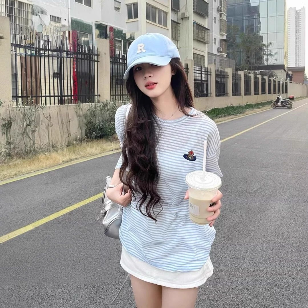 条纹长袖防晒t恤女2025新款春夏季刺绣宽松慵懒薄款韩系罩衫上衣