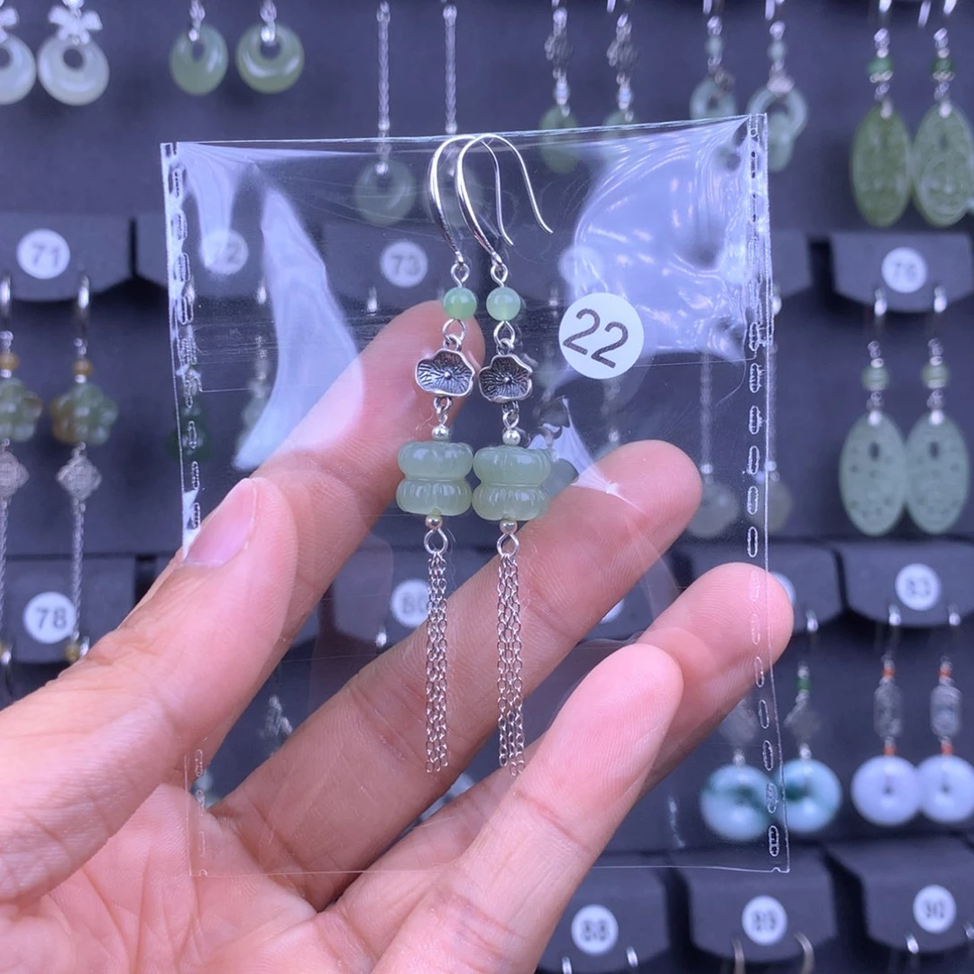 和田玉耳饰银S925镶嵌静**花