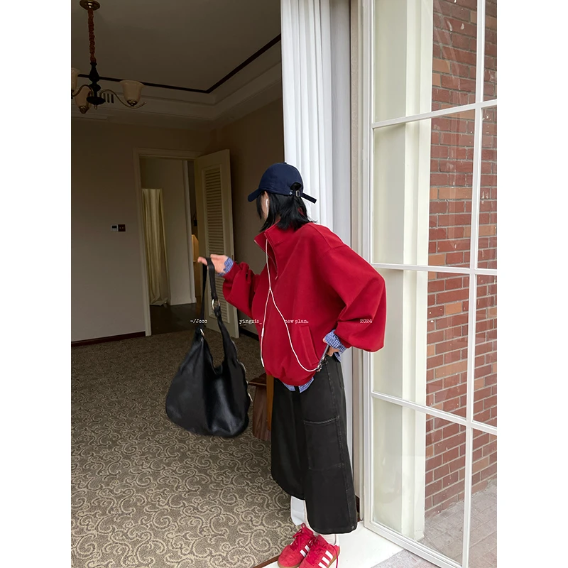 JCCC影子【车厘子】红色极简重磅半拉链立领加绒套头卫衣JE5PBY17