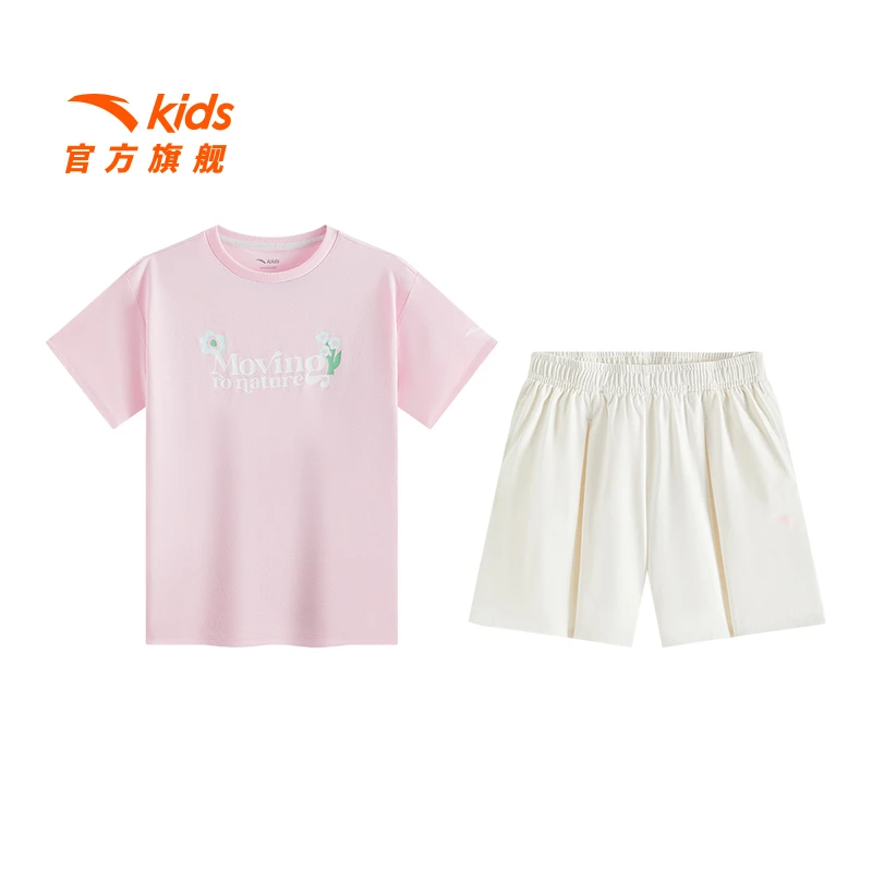 安踏儿童女小童针织运动套2025夏季款透气舒适儿童两件套短袖短裤