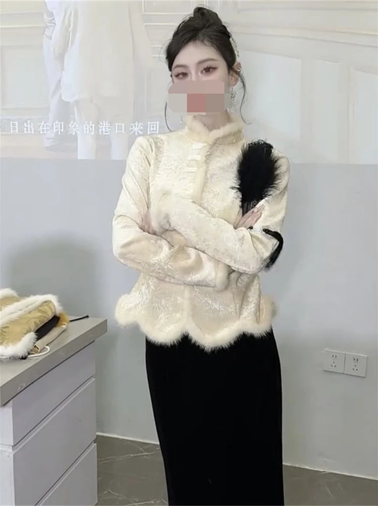 新中式国风立领盘扣加绒保暖打底衫冬季时尚气质上衣