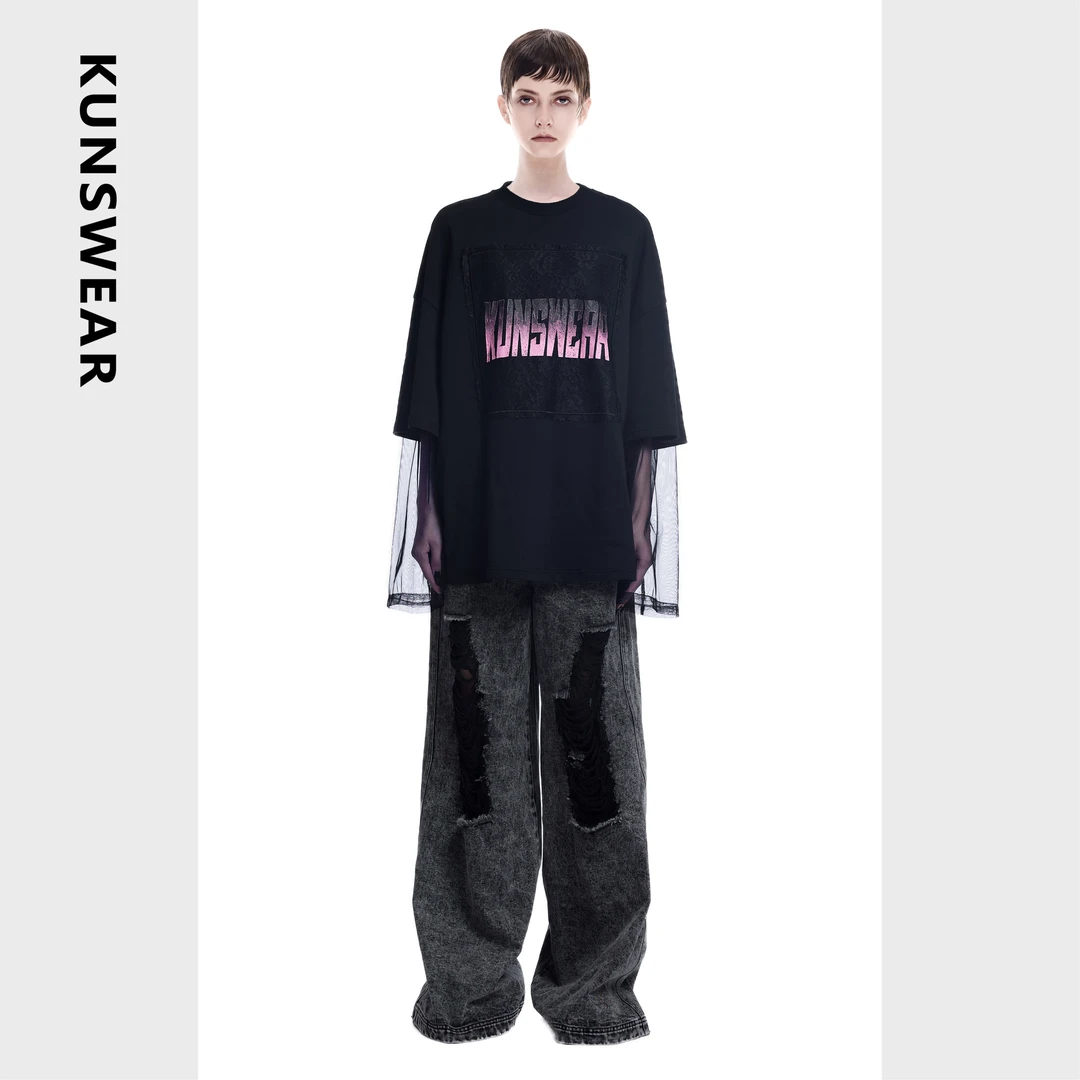 KUNSWEAR/琨丝薇尔25SP 潮流破洞水洗阔腿裤牛仔直筒裤 832005020