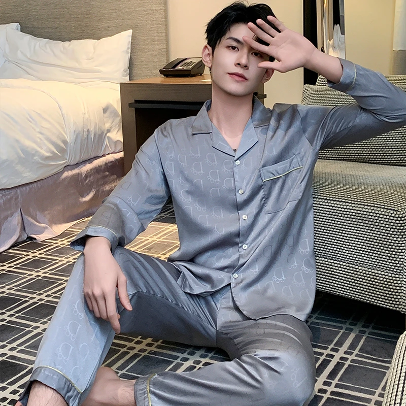 男士爆款睡衣春季睡衣冰丝可外穿款舒适柔光软丝套装家居服长袖
