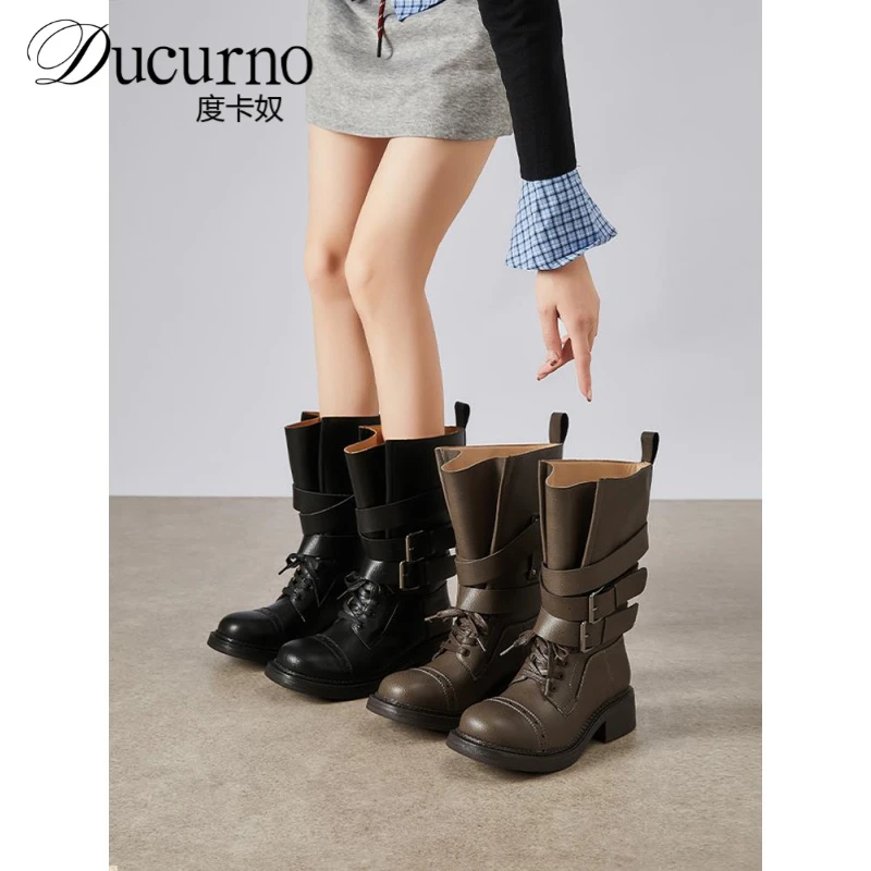 度卡奴真皮粗跟骑士女覆古英伦皮带扣机车明星同款百搭鞋子