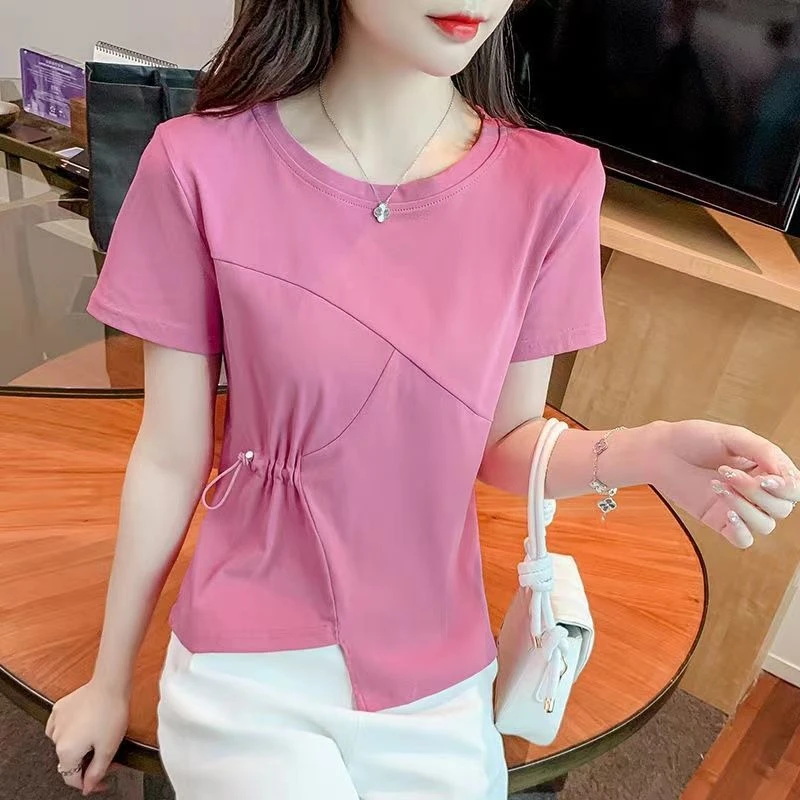 短袖夏季新款白色T恤腰设计感上衣女不规则减龄时尚百搭休闲设计