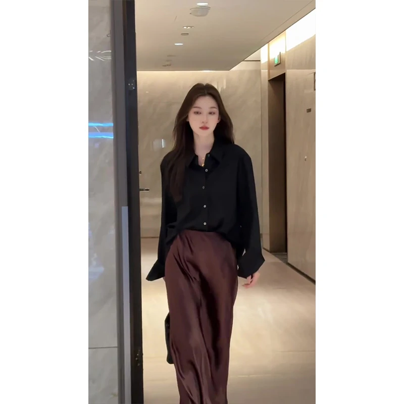 MARIE.COCO成熟女人味穿搭早秋新款黑色长袖衬衫开叉包臀裙两件套