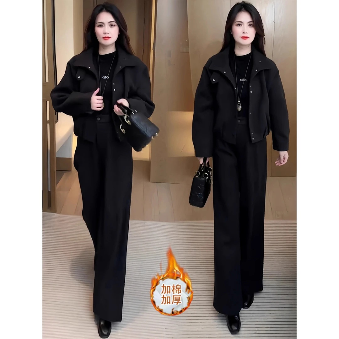 拉夏贝尔时尚套装女2025冬季洋气显瘦加厚短外套保暖阔腿裤两件套