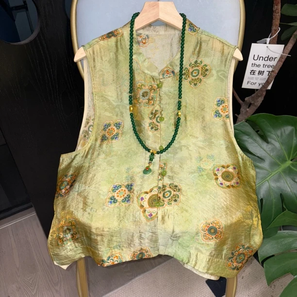 “橄榄绿” 马甲 浮光锦中式定制款 重工夏季马夹