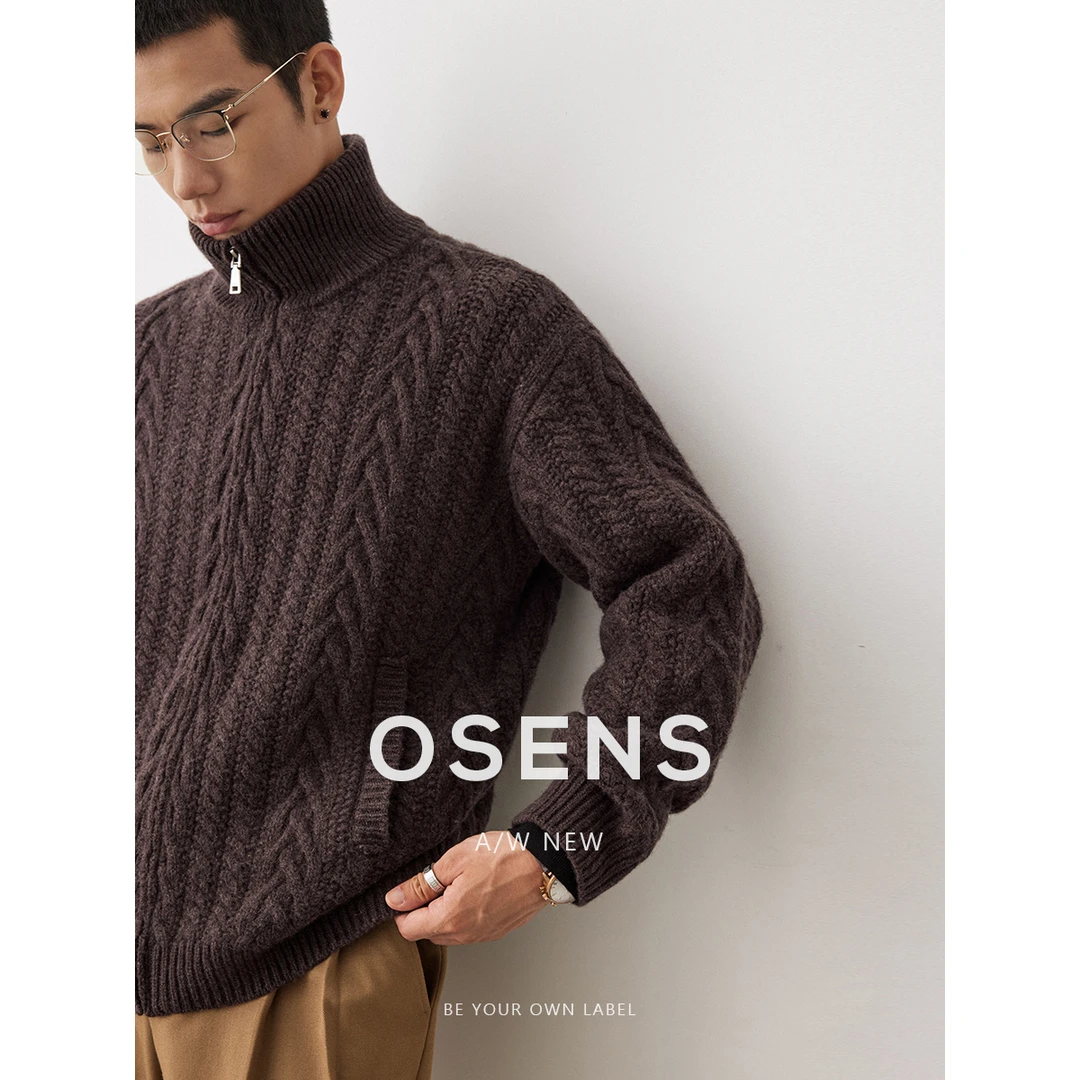 OSENS100%羊毛粗纺3G绞花高领毛衣开衫夹克男士秋季外套针织衫