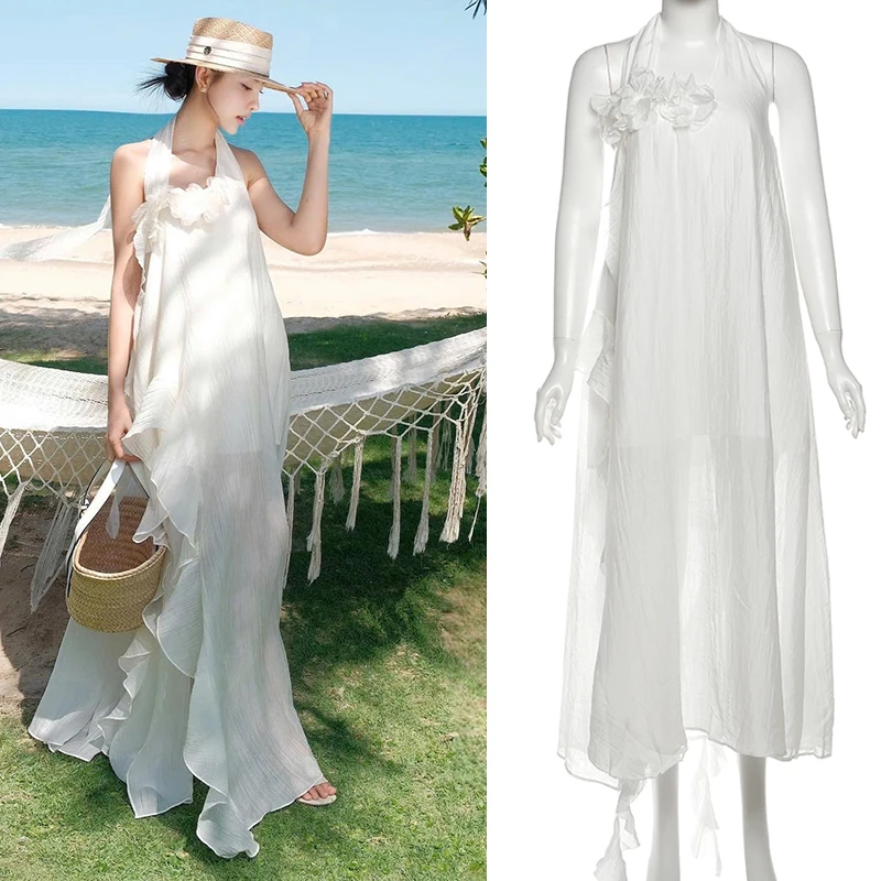 Malou 清冷仙女风立体花卉柔软飘逸温柔度假连衣裙女夏K25D72996