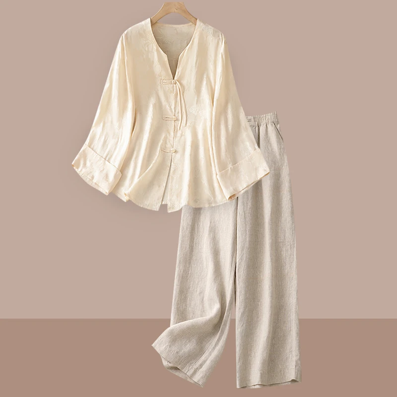 新中式国风苎麻套装女士早秋季妈妈高端亚麻衬衫阔腿裤休闲两件套