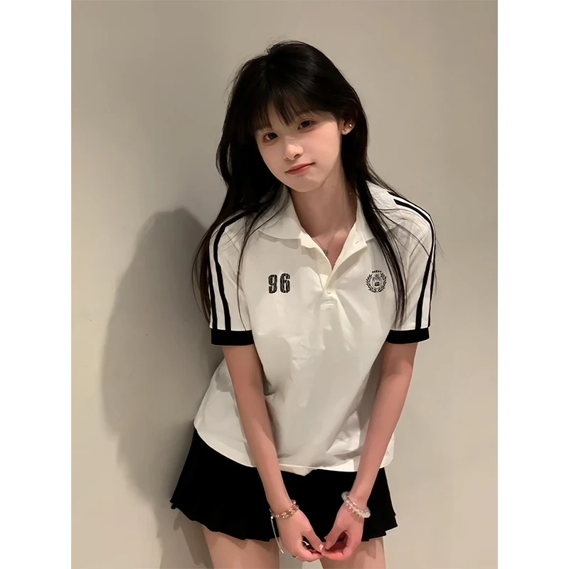 美式正肩翻领短袖t恤女春夏季新款运动polo衫学院风宽松休闲上衣