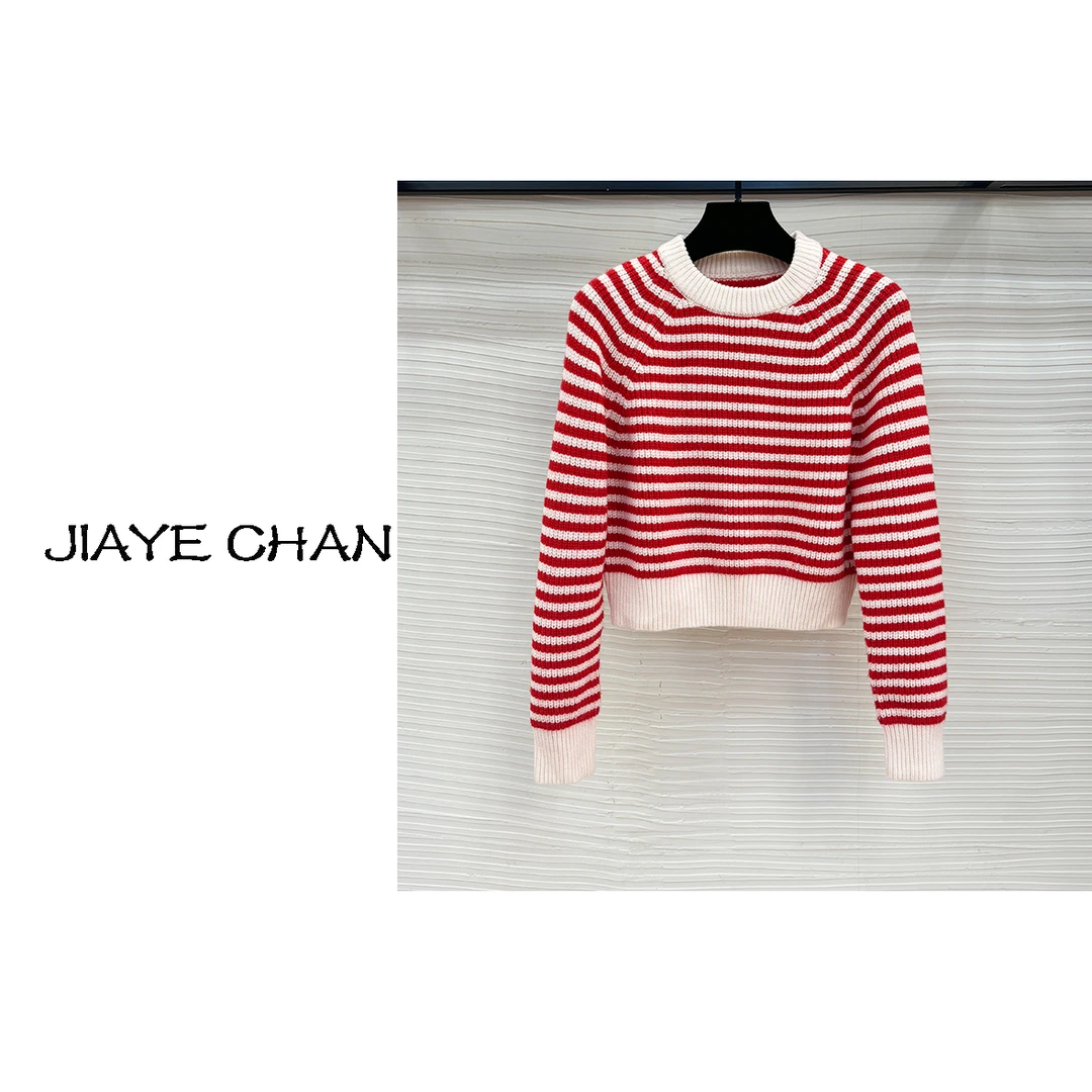 JIAYE CHAN新款小众红条纹撞色慵懒针织上衣