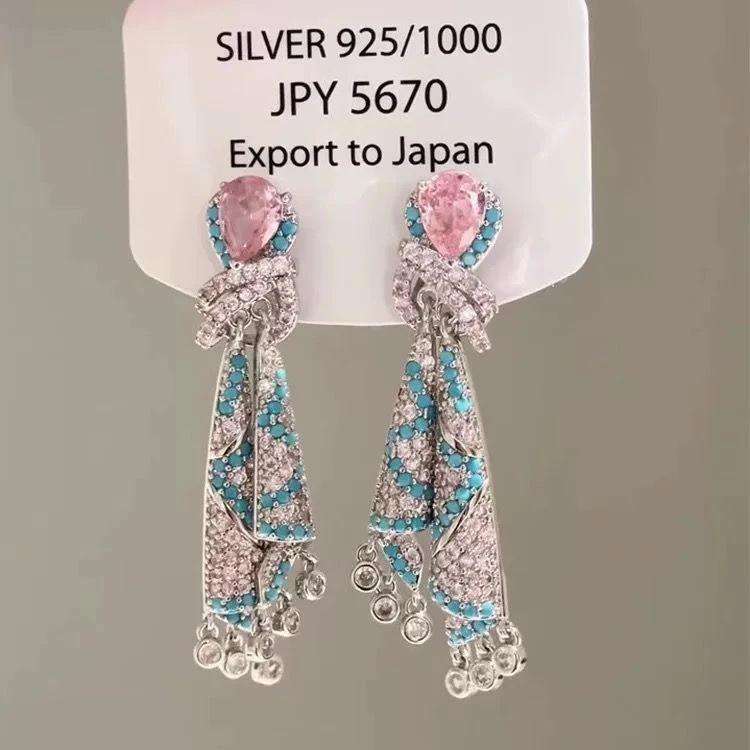铜合金耳饰 满钻粉蓝彩色锆石丝绸耳钉新款设计耳环时尚百搭耳饰