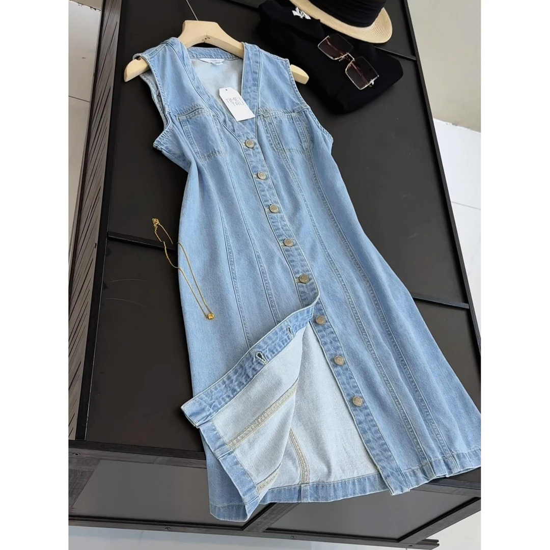 女士牛仔V领纽扣收腰修身连衣裙纽扣款休闲裙
