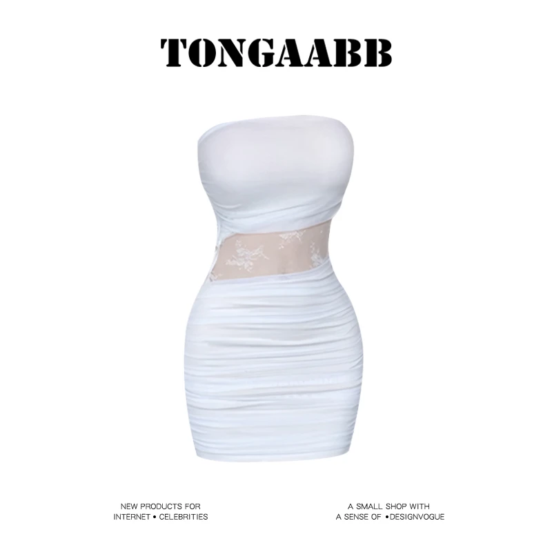 TONGAABB【初恋白月光】褶皱镂空蕾丝修身包臀裙露背抹胸连衣裙